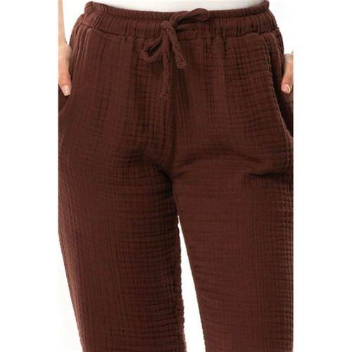 Beli Lastikli Multi Çift Cepli Müslin Kadın/Erkek Unisex Yazlık Pantolon Kahve Khv