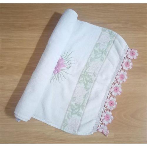 El İşi El Ve Yüz Havlusu Kenarı İşlemeli,Nakışlı Beyaz Çiçekli 45X90Cm