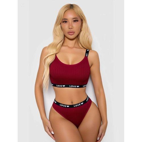 Kadın Bordo Love Yazılı Mayo Bikini Şık Esnek Kumaş Plaj Giyim Özel Tasarım