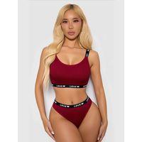 Kadın Bordo Love Yazılı Mayo Bikini Şık Esnek Kumaş Plaj Giyim Özel Tasarım