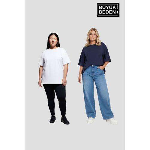Büyük Beden Kadın  Basic Bisiklet Yaka 2 li Tişört Seti SPR26BTSK510+2