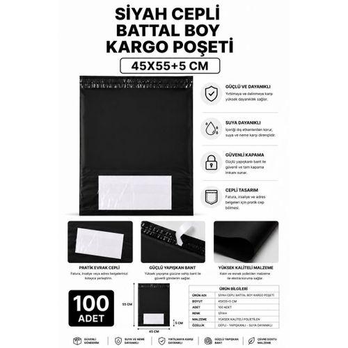 Siyah Cepli Battal Boy Kargo Poşeti 45x55+5 Cm 100 Adet
