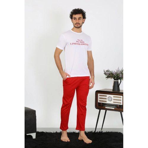Erkek Kısa Kol Penye Beyaz Pijama Takımı