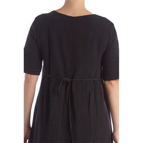 Kısa Kol Siyah Kare Yaka Cep Detaylı Midi Boy Müslin Yazlık Elbise