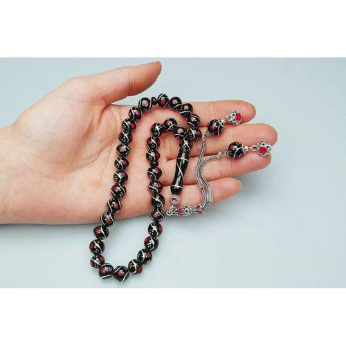 Oltu Taşı Üçlü Çeşmi Bülbül Kırmızı İşlemeli Tespih