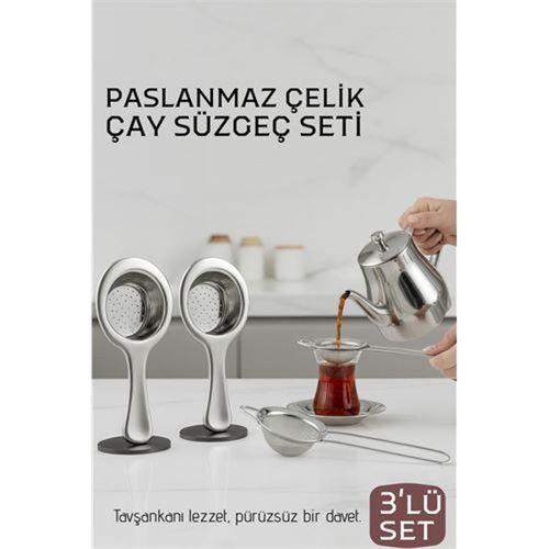 Çay Süzgeci Seti - 3 Parça Profesyonel ve Kulplu Demlik Filtresi Paslanmaz Çelik 718934