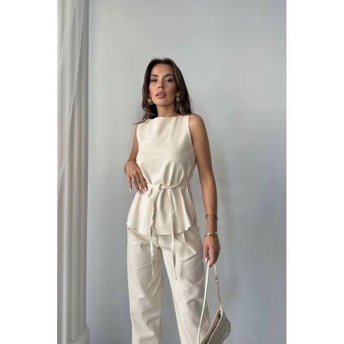 KETEN BLUZ - PANTOLON TAKIM MASSİMO MODELSCREAT KUMAŞ - Bej