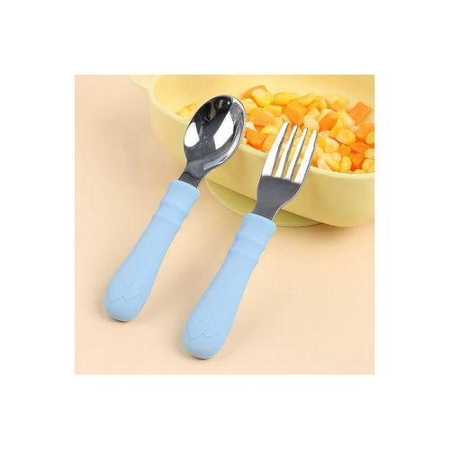 Silikon Saplı Paslanmaz Çelik Bebek Kaşık Çatal Seti Açık Mavi