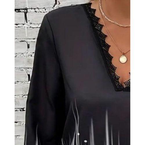 Kadın Uzun Kollu V Dantel Yaka Desenli Modal Bluz