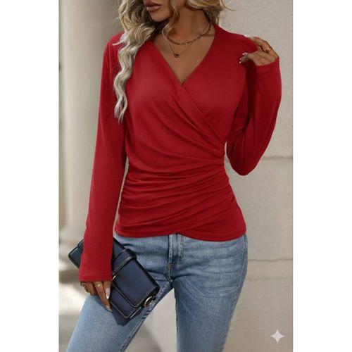 Kadın Uzun Kollu Kruvaze Yaka Yanlardan Büzgülü Viskon Bluz