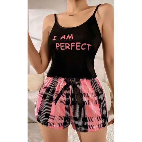 Kadın Siyah Kare Desenli Askılı Şortlu Pijama Takımı Rahat Şık 2’li Set