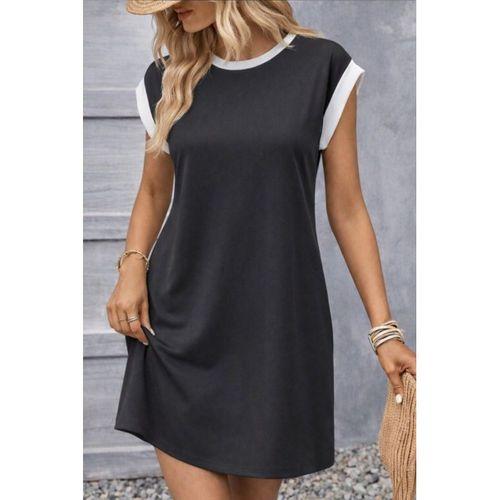 Kadın Kısa Kollu Yuvarlak Yakalı Kontrast Manset Detaylı Kısa Janjan Krep Elbise