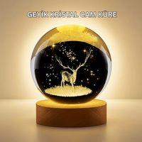 3d Lazer İşlemeli Geyik Kristal Küre Sıcak Işıklı Gece Aydınlatması