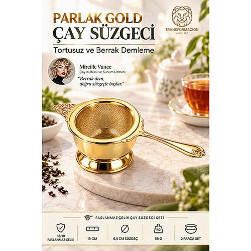Damlalıklı GOLD Çay Süzgeci Süzgeç Seti Gümüş 18/10 304 Paslanmaz Çelik 723757