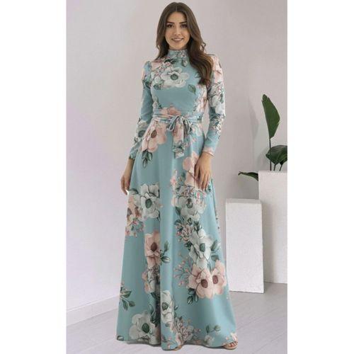 Kadın Uzun Kollu Yuvarlak Yakalı Beli Kuşaklı Desenli Süprem Uzun Elbise