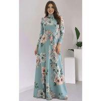 Kadın Uzun Kollu Yuvarlak Yakalı Beli Kuşaklı Desenli Süprem Uzun Elbise