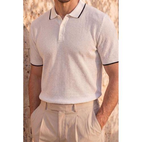 Balzac Yakası Şeritli Düğmeli Polo Yaka Basic Günlük Petek Örgü Triko Erkek T-Shirt - Ekru