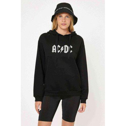 ACDC Logo Siyah Baskılı Siyah Kadın Kapşonlu Sweatshirt