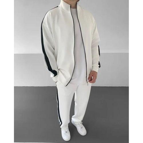 Erkek Scuba Kumaş Oversize Şerit Detaylı Fermuarlı Alt Üst Eşofman Takımı - Beyaz