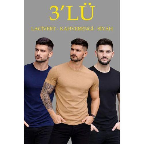 Erkek 3lü Bisiklet Yaka Tişört – Kısa Kollu Yazlık Slim Fit Body - Siyah, Lacivert, Kahverengi