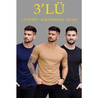 Erkek 3lü Bisiklet Yaka Tişört – Kısa Kollu Yazlık Slim Fit Body - Siyah, Lacivert, Kahverengi