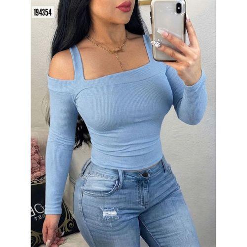 Kadın Uzun Kollu Madonna Yaka Askılı Krop Kaşkorse Bluz