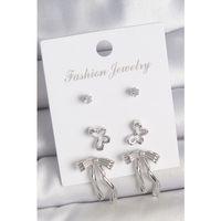 Pirinç Gümüş Renk Zirkon Taşlı Fiyonk Model Kelebek Detay 3 Çift Kadın Küpe