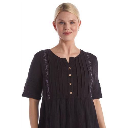 Kısa Kol Siyah Kare Yaka Cep Detaylı Midi Boy Müslin Yazlık Elbise