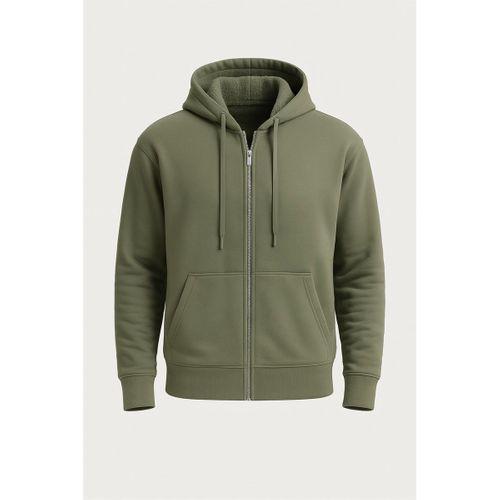 İçi Peluş Üç İplik Kumaş Oversize Fermuarlı Kapüşonlu Sweatshirt- Avcı Yeşili