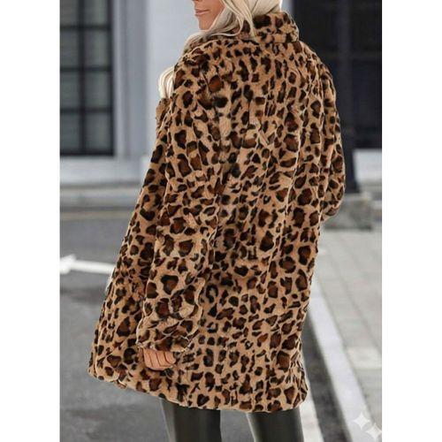 Kadın Uzun Kollu Yakalı Cepli Kısa Peluş Leopar Kaban