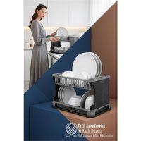 2 Katlı Rattan Dokulu Lüks Bulaşıklık - Kirli Beyaz & Siyah Modern Düzenleyici