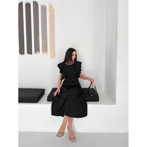 Kadın Bisiklet Yaka Kollar Fırfırlı Kemer Dahil Double Kumaş Midiboy Elbise