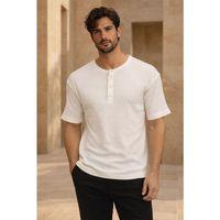 Roth Relaxed Fit Günlük Henley Yaka Waffle Kumaş Yazlık Kısa Kollu T-Shirt - Ekru