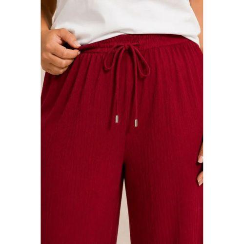 Battal Beden Bürümcük Kumaş Beli Lastikli Bağcıklı Bol Paça Palazzo Pantolon - Bordo