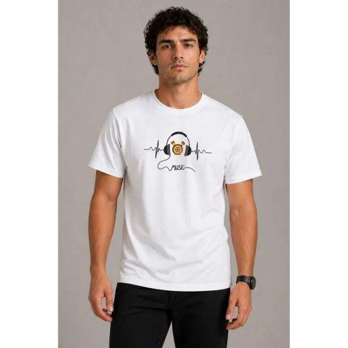 Erkek Müzik Temalı Baskılı Tişört Bisiklet Yaka Kısa Kol T-Shirt - Beyaz