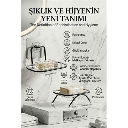 Yapışkanlı ve Ayaklı Sabunluk Seti – Su Giderli, Katı Sabun Kutusu 723055