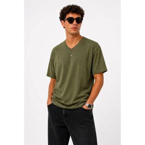 Erkek V Yaka Basic Tişört Kısa Kol Yazlık Regular Fit T-Shirt - Haki