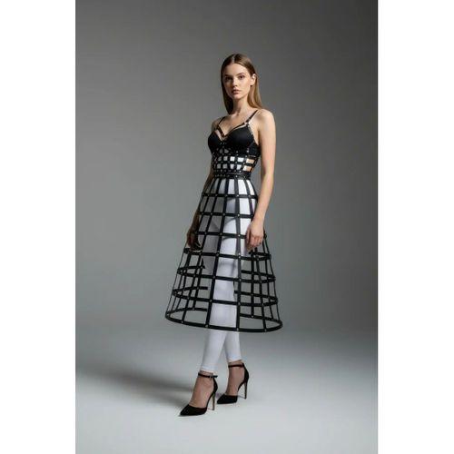 Siyah Kadın Etek Suni Deri Etek Kafes Yapılı Midi Boy Deri Etek - Brf1013