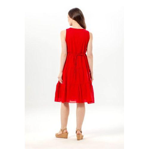 Kolsuz Mina Nakış Detaylı Bağcıklı Yaka Yazlık Vual Elbise Kırmızı Krmz