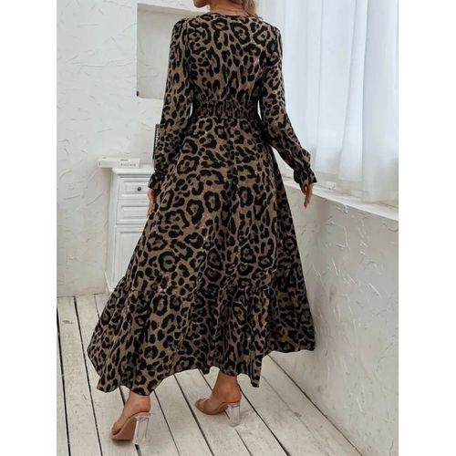 Kadın Uzun Kollu Kruvaze Yaka Leopar Desenli Uzun Süprem Elbise