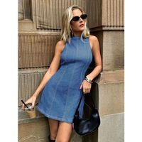 Kadın Omuzlardan Açık Bisiklet Yaka Kısa Kot Elbise