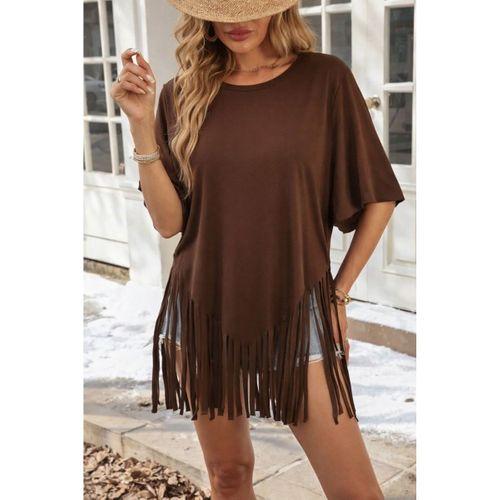 Kadın Kısa Kollu Bisiklet Yaka Püsküllü Viskon Bluz