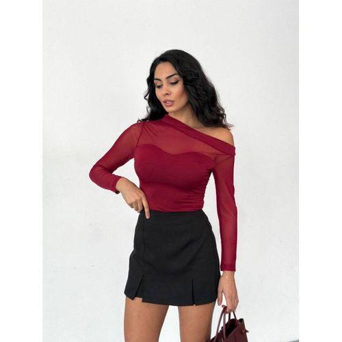 Kadın Uzun Kollu Omuz Dekoltesi Ve Transparan Tül Detay Bluz