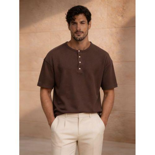 Roth Relaxed Fit Günlük Henley Yaka Waffle Kumaş Yazlık Kısa Kollu T-Shirt - Vizon