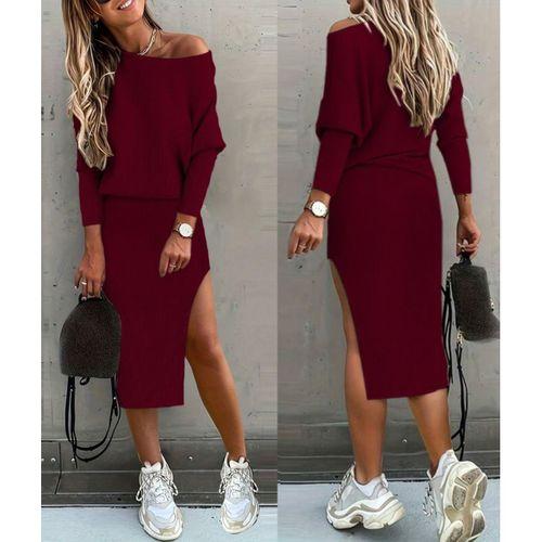 Kadın Uzun Kollu Düşük Omuz Yırtmaç Detay Kaşkorse Etek Bluz Ikili Takım