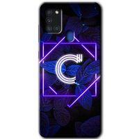 Samsung Galaxy A21s Kılıf HD Desen Baskılı Arka Kapak + Temperli Cam - Dark Neon Yaprak C Harfi