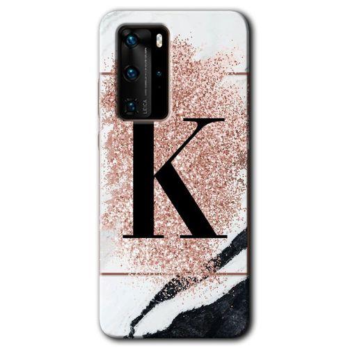 Huawei P40 Pro HD Baskılı Kılıf + 9D Tam Ekran Koruyucu - Pembe Mermer Desenli K Harfi
