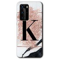 Huawei P40 Pro HD Baskılı Kılıf + 9D Tam Ekran Koruyucu - Pembe Mermer Desenli K Harfi