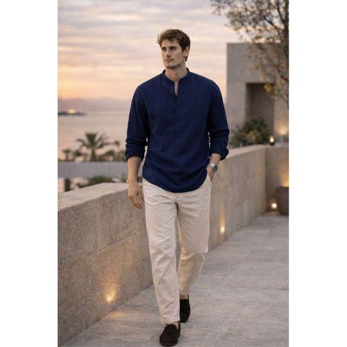 Hafif ve Nefes Alabilir Erkek Müslin Yarım Pat Hakim Yaka Oversize Gömlek - Lacivert