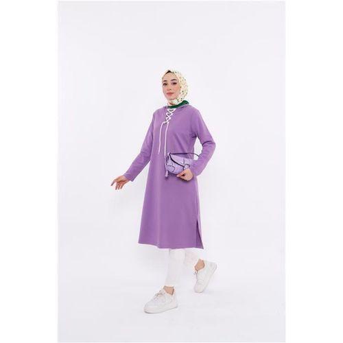 Eflin Yakadan Bağlamalı Kapşonlu Uzun Sweatshirt - 03030.018 - Leylak